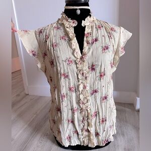 Vintage Y2K Allison Taylor Floral Ruffle Flutter Sleeve Crepe Button Blouse Med